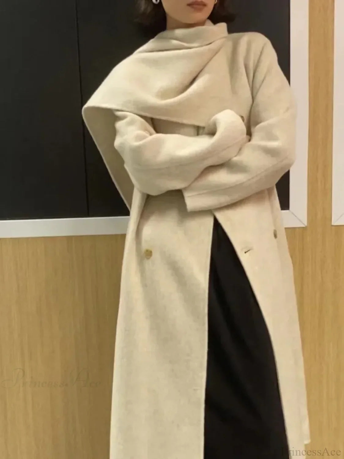 Double-breasted wool coat with scarf collar for a chic and warm style