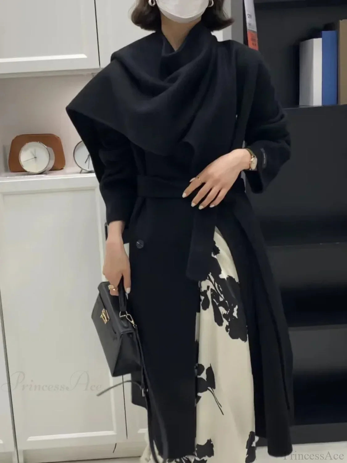 Double-breasted wool coat with scarf collar for a chic and warm style