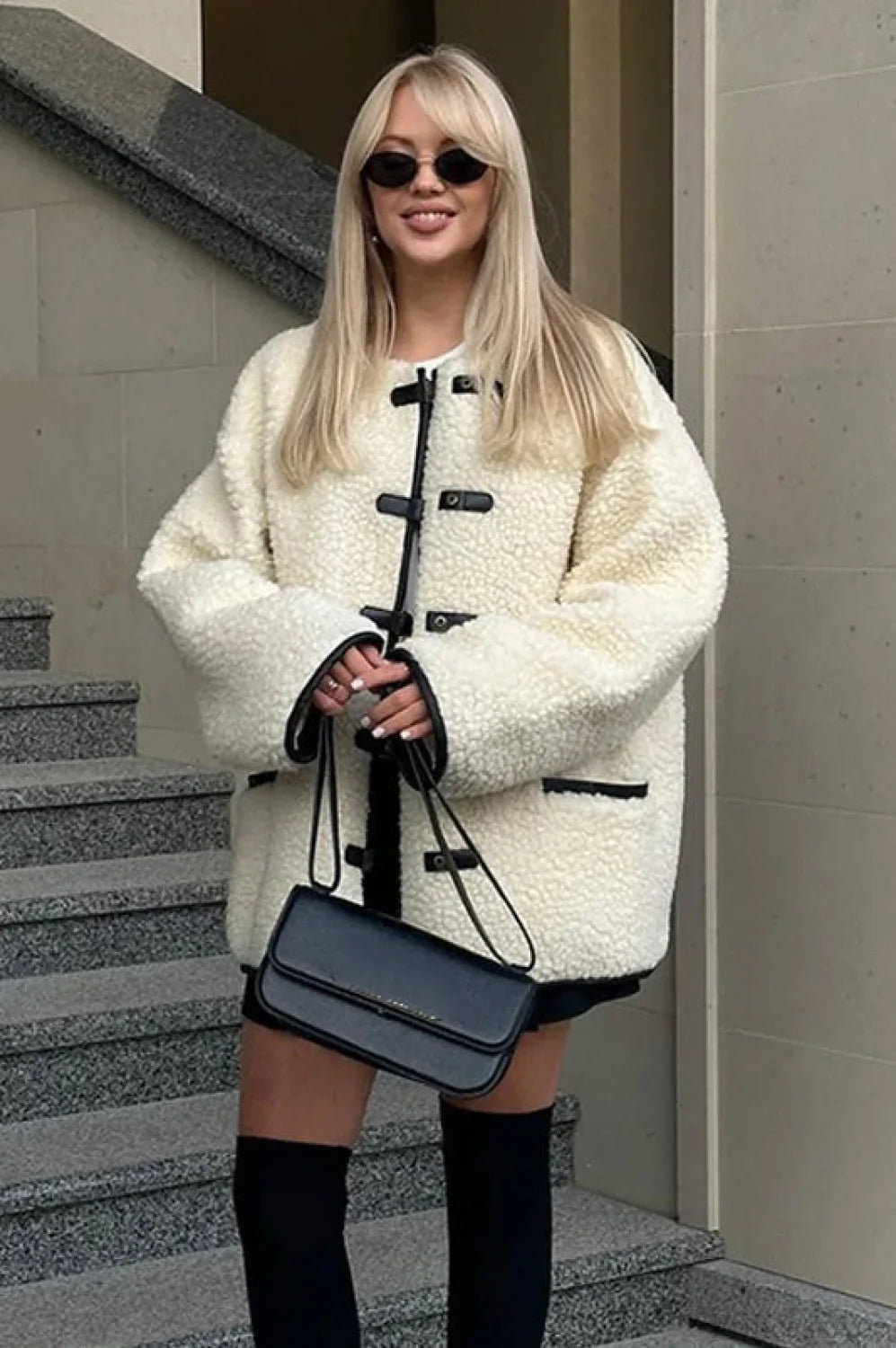 Minimalist Solid Color Coat with Horn Buttons and Sherpa Lining