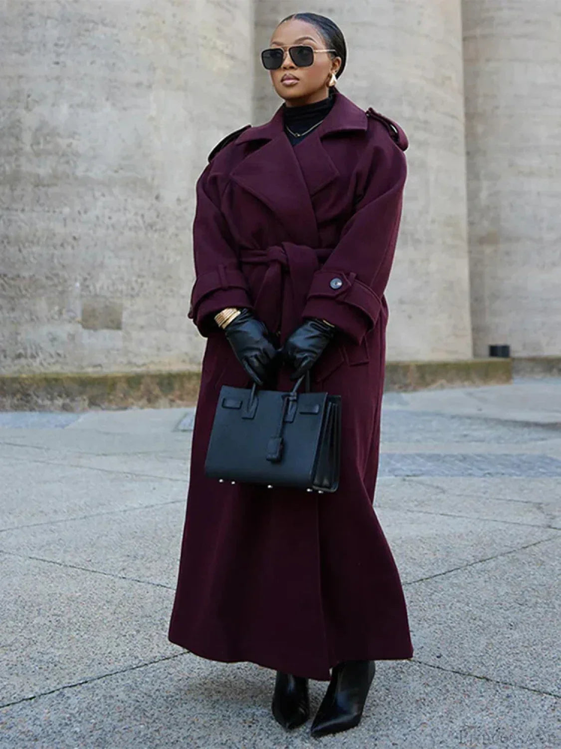 Casual Burgundy Wool Belted Overcoat for Elegant Street Style