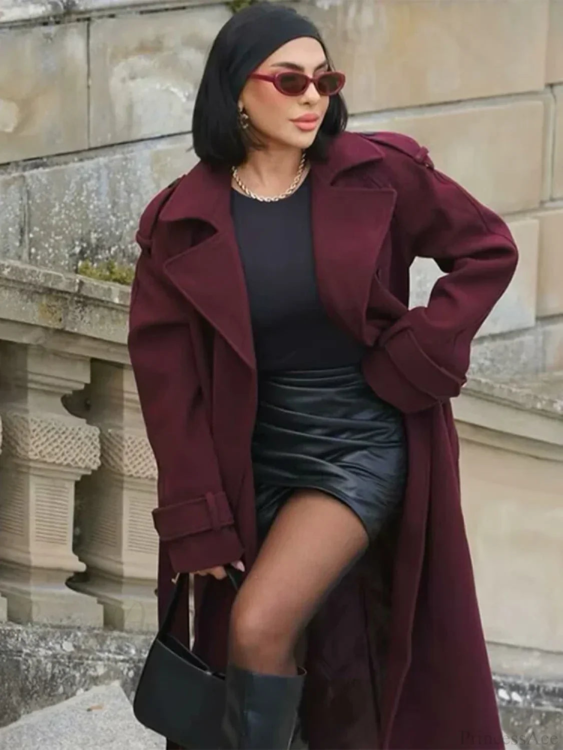 Casual Burgundy Wool Belted Overcoat for Elegant Street Style