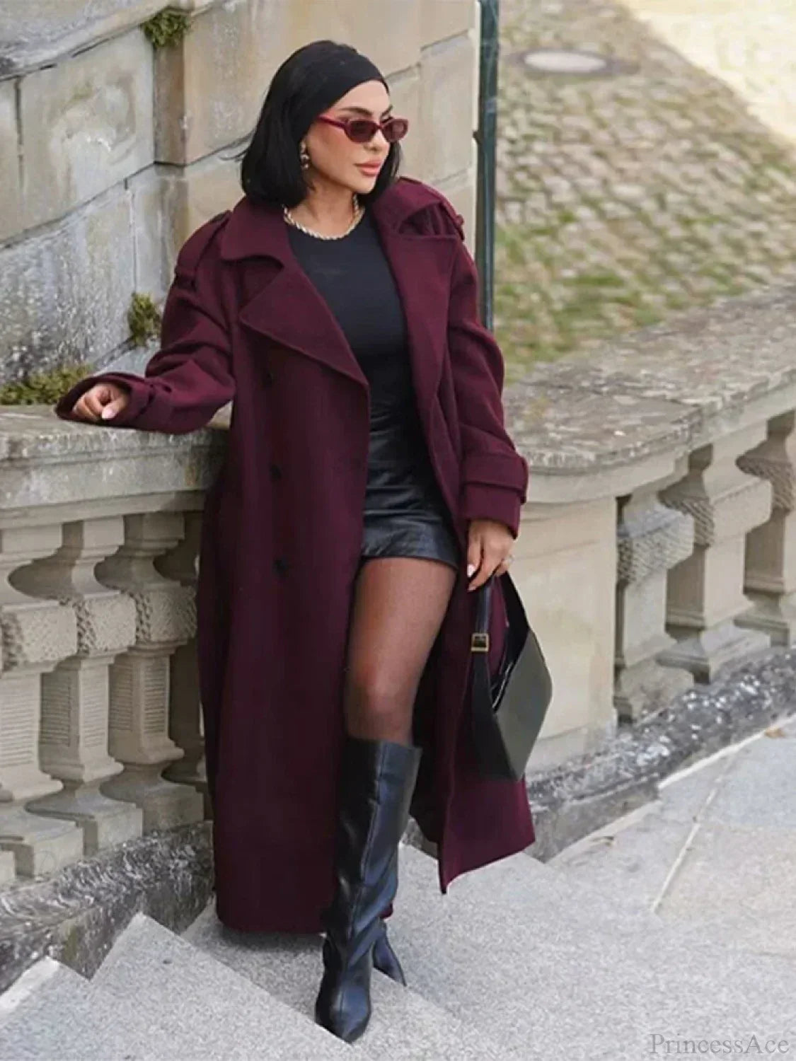 Casual Burgundy Wool Belted Overcoat for Elegant Street Style