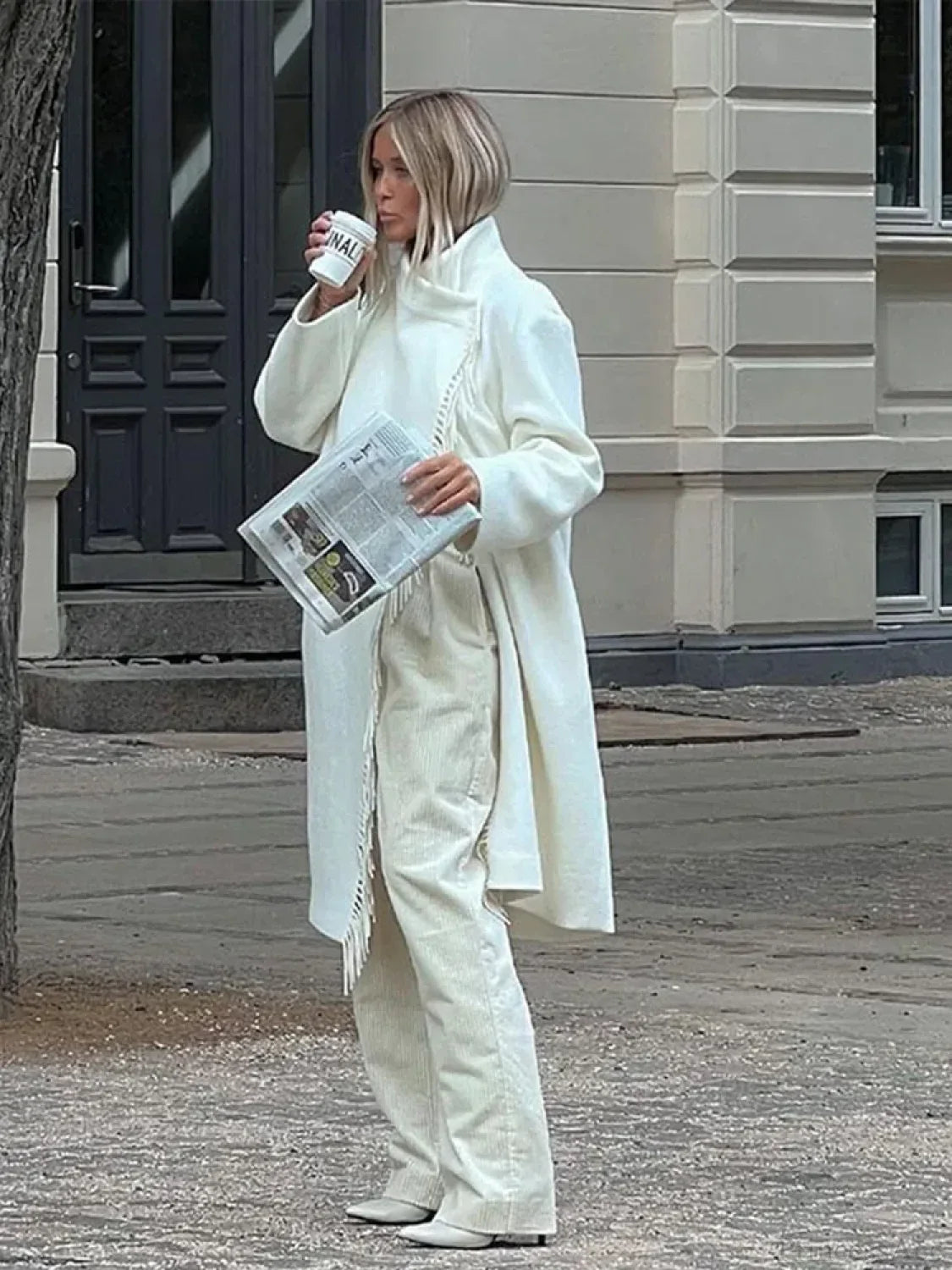 Oversized Eskimo Collar Coat with Fringes and Irregular Buttons