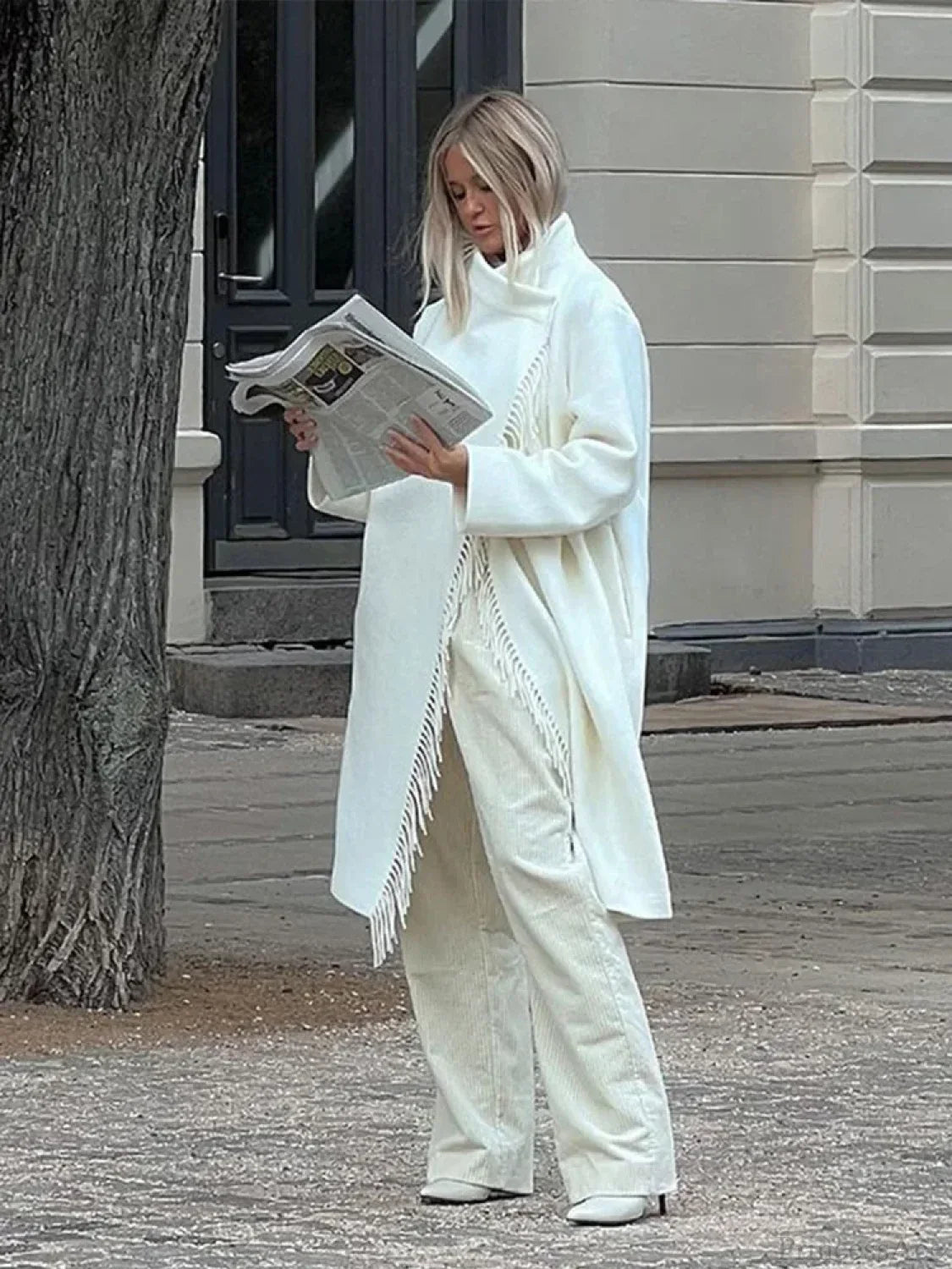 Oversized Eskimo Collar Coat with Fringes and Irregular Buttons