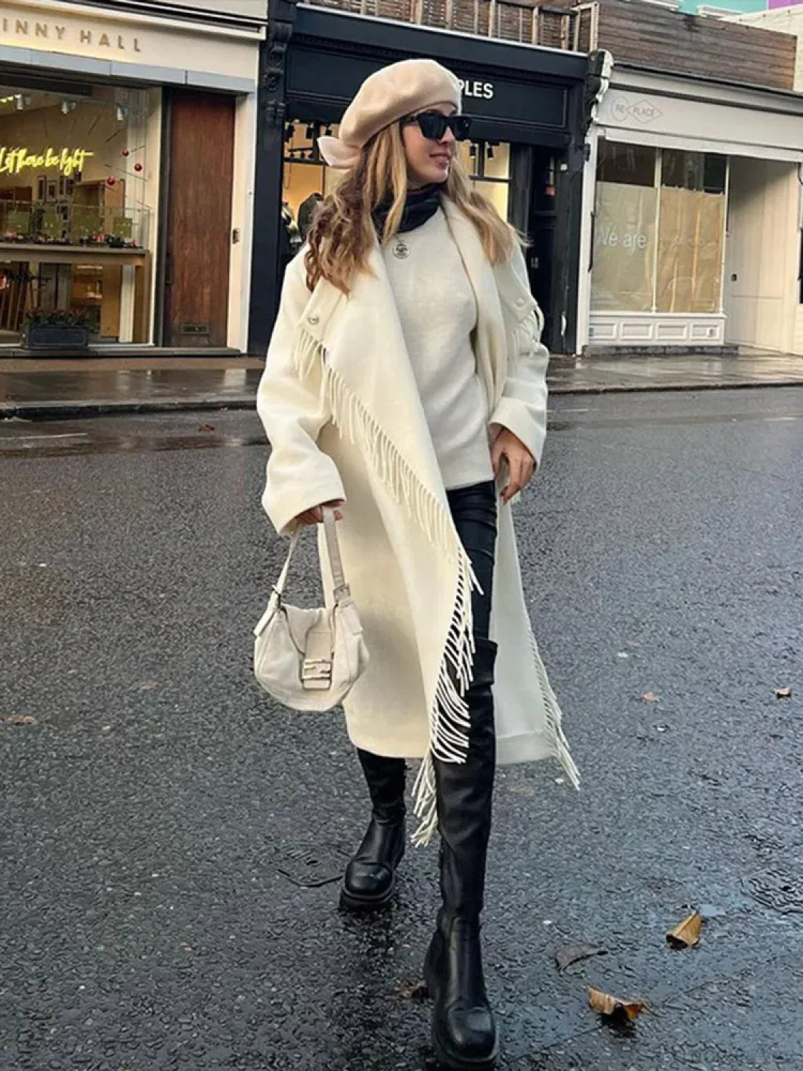 Oversized Eskimo Collar Coat with Fringes and Irregular Buttons