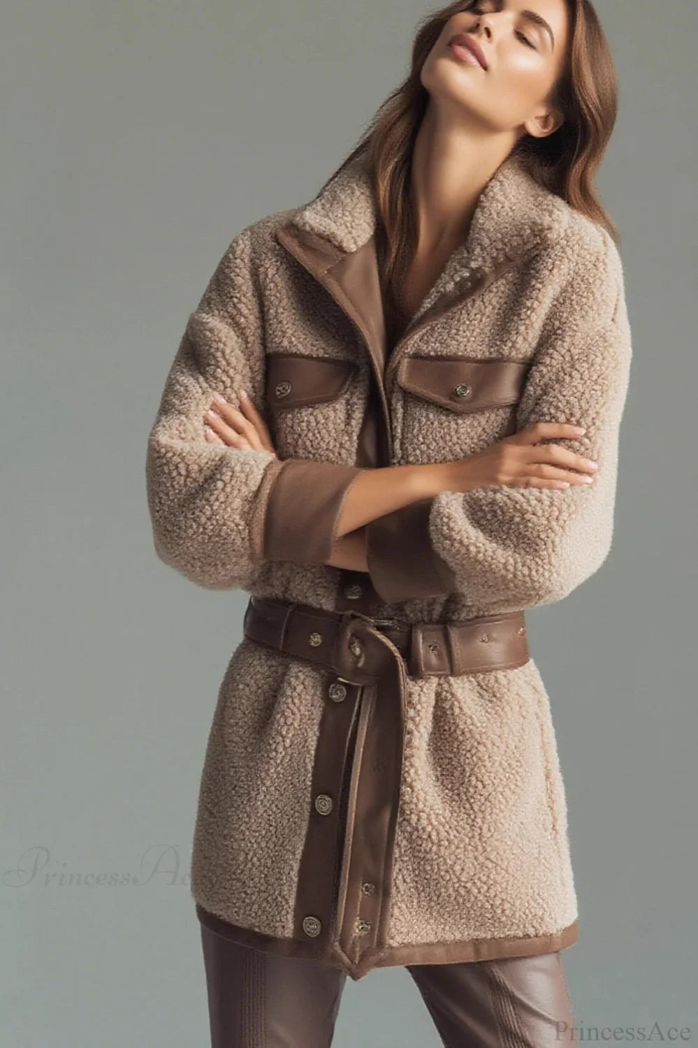 Thick Retro Wool Polar Fleece Jacket with PU Panels, Stylish Pocket and Belt