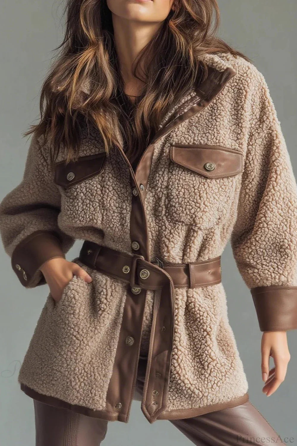 Thick Retro Wool Polar Fleece Jacket with PU Panels, Stylish Pocket and Belt