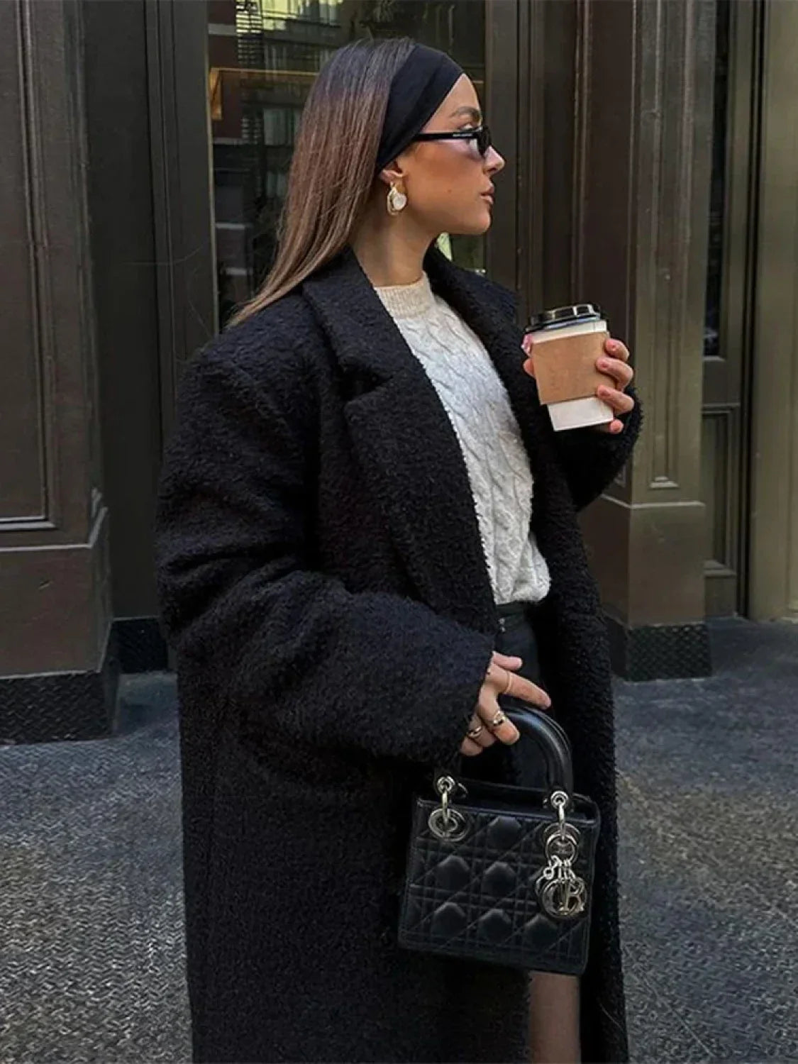 Elegant Long Black Wool Coat with Double-Breast Vintage