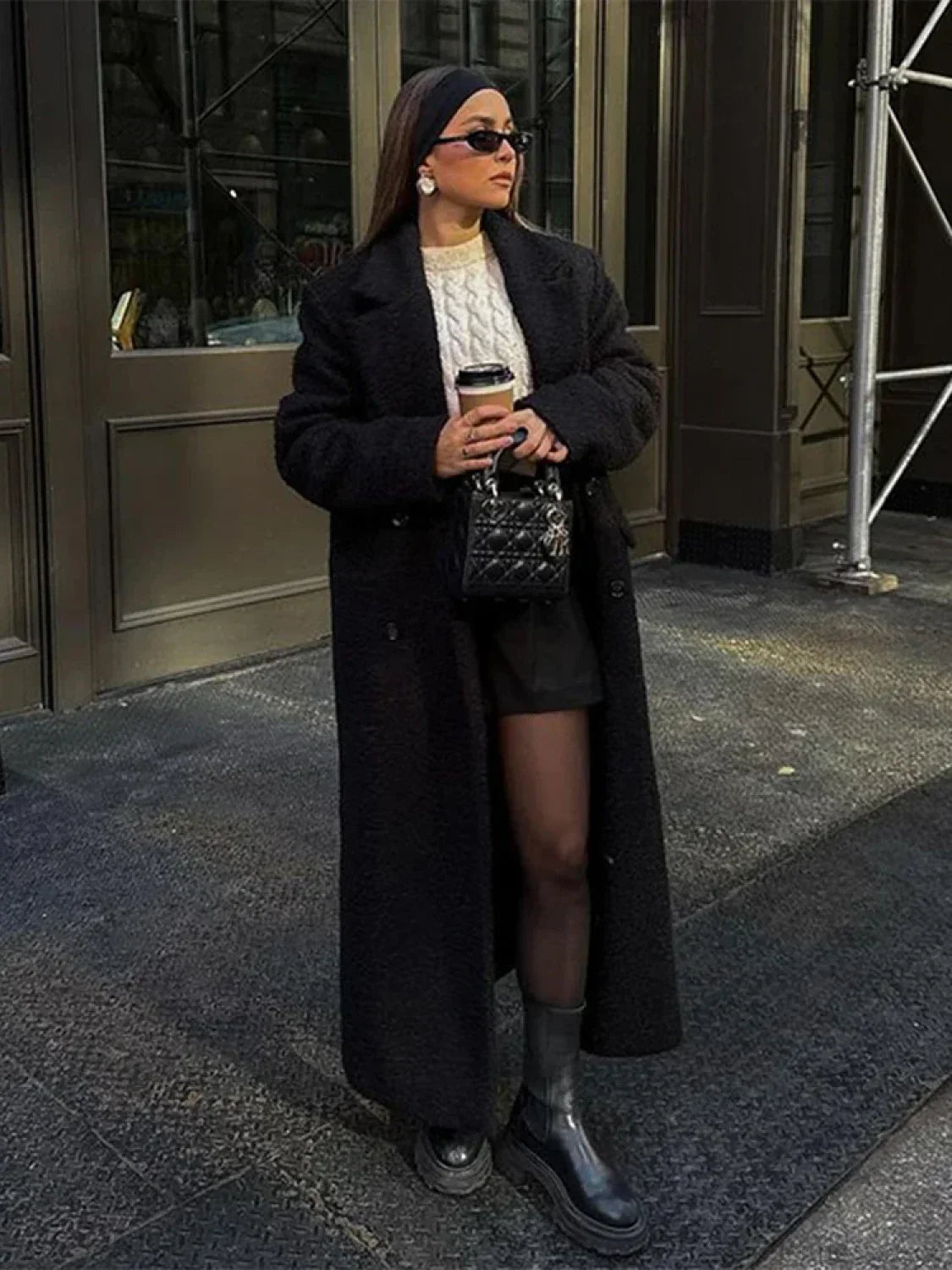 Elegant Long Black Wool Coat with Double-Breast Vintage