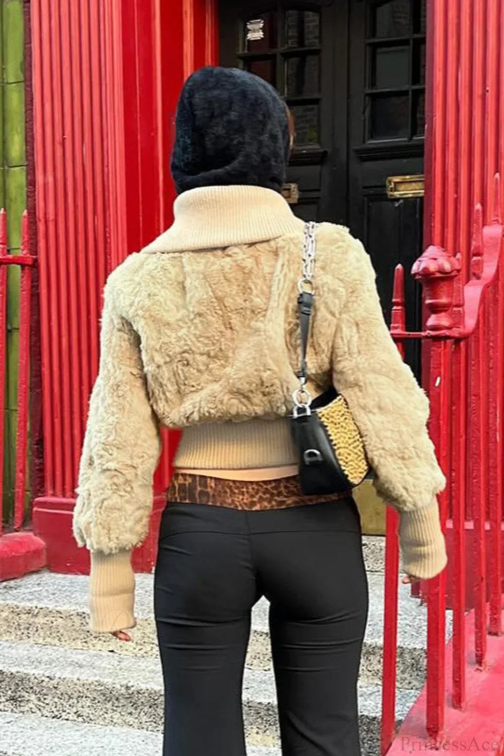 Elegant Vintage Cropped Fuzzy Coat with Wide Revers, Single-Breasted Closure, and Waist Belt