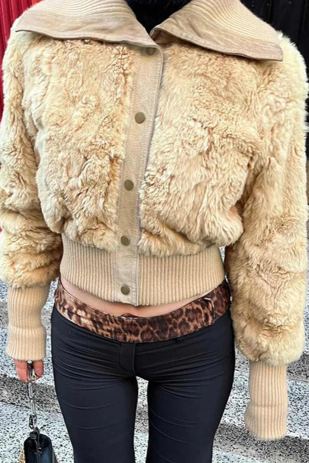 Elegant Vintage Cropped Fuzzy Coat with Wide Revers, Single-Breasted Closure, and Waist Belt