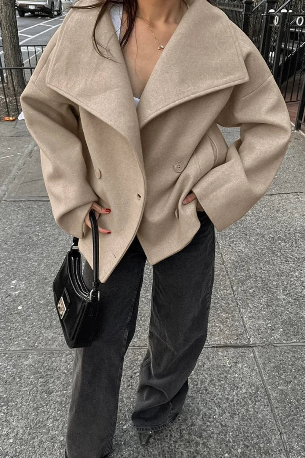 Vintage Wool Blend Coat with Double Button Closure in Khaki and Classic Style