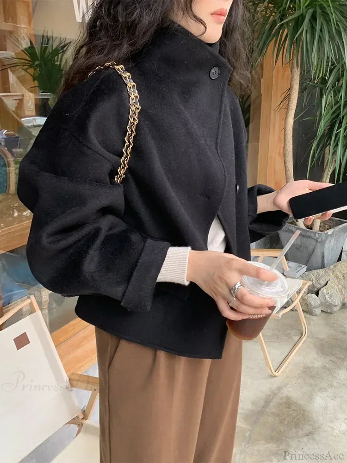 Elegant Winter Wool Overcoat with Stand Collar - Single-Breasted Design